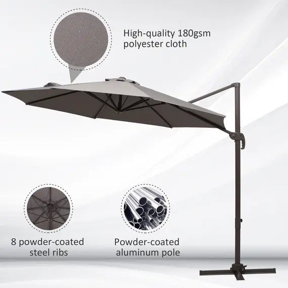 Buy 3m Cantilever Aluminium Frame Outdoor Garden Parasol Grey, 6 image