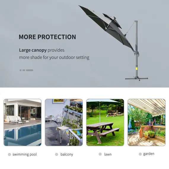 Buy 3m Cantilever Parasol w/ Solar Lights Power Bank Base 360° Spin Dark Grey, 8 image