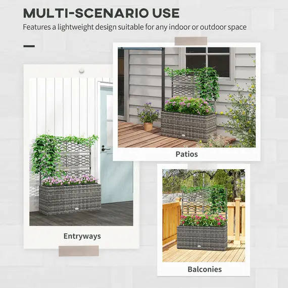 Buy 33L Garden PE Rattan Planter with Trellis, Free Standing Flower Raised Bed for Garden, Garden Planter for Climbing Plants, 84cm x 30cm x 107cm, Light Grey, 4 image