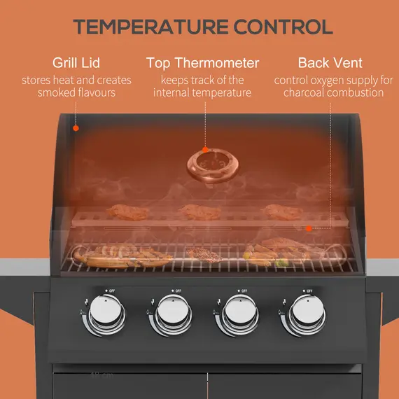 Buy 4 Burner Gas BBQ Grill Outdoor Portable Barbecue Trolley w/ Warming Rack, Side Shelves, Storage Cabinet, Thermometer, 5 image