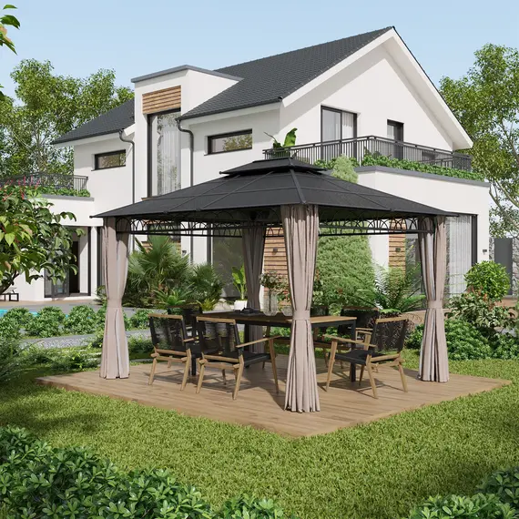 Buy 3.6 x 3 (m) Outdoor Polycarbonate Gazebo, Double Roof Hard Top Gazebo with Nettings & Curtains for Garden, Lawn, Patio, 2 image
