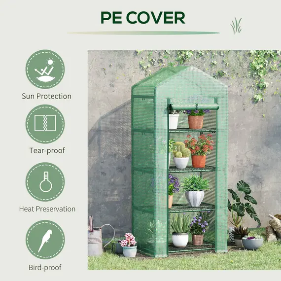 Buy 4 Tier Mini Greenhouse, Portable Compact Green House with Steel Frame, PE Cover, Roll-up Door, 70 x 50 x 160 cm, Green, 5 image