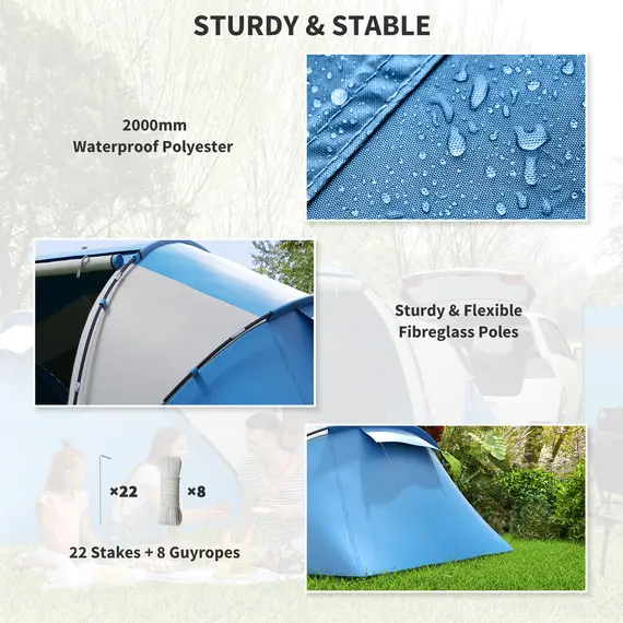 Buy 4-6 Man Camping Tent w/ Two Bedroom, Hiking Sun Shelter, UV Protection Tunnel Tent, Blue and White, 7 image