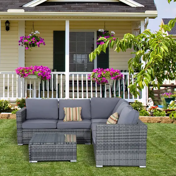 Buy 4 Pieces Rattan Garden Furniture Set, Wicker Outdoor Furniture Set with Corner Sofa Loveseat Coffee Table Cushions, Conservatory Furniture Set for Patio Balcony Poolside, Grey, 2 image