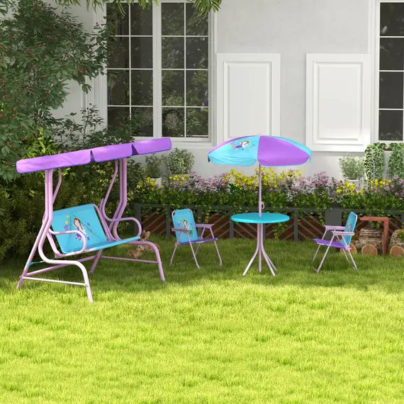 Buy 4PCs Kids Garden Furniture Set w/ 2 Seater Garden Swing Chair with Adjustable Canopy, Childrens Table and Chair Set with Parasol, for Toddler Girls 3-6 Years Old, 8 image
