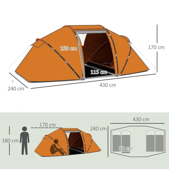 Buy 4-6 Man Camping Tent with Living Area and 2 Bedrooms, Hiking Sun Shelter, UV Protection Tunnel Tent, Orange, 3 image