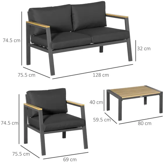 Buy 4 Piece Garden Sofa Set with Padded Cushions, 4-Seater Aluminium Outdoor Conversation Furniture Set with Coffee Table, Grey, 3 image
