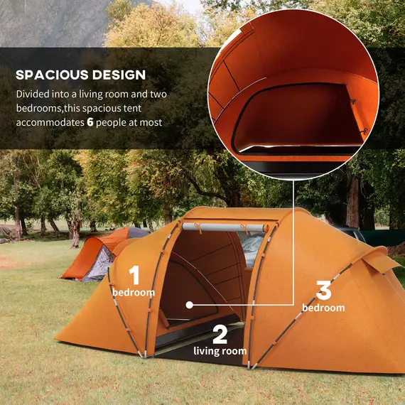 Buy 4-6 Man Camping Tent with Living Area and 2 Bedrooms, Hiking Sun Shelter, UV Protection Tunnel Tent, Orange, 4 image