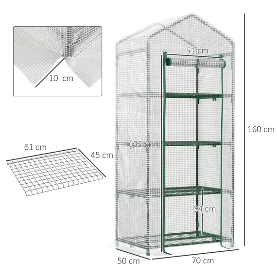Buy 4 Tier Mini Greenhouse, Portable Compact Green House with Steel Frame, PE Cover, Roll-up Door, 70 x 50 x 160 cm, White, 3 image