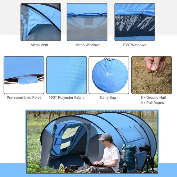 Buy 4-5 Person Pop-up Camping Tent Family Tent w/ 2 Mesh Windows & PVC Windows Portable Carry Bag for Outdoor Trip, Sky Blue, 7 image