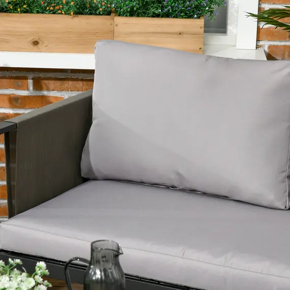 Buy 4 Piece Metal Garden Furniture Set with Tempered Glass Coffee Table, Texteline Pocket, Outdoor Set Loveseat Single Armchairs with Padded Cushions, Light Grey, 9 image