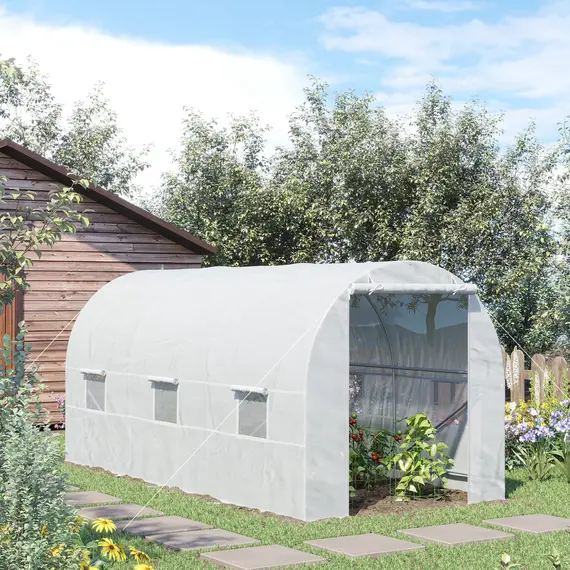 Buy 4.5 x 2 x 2 m Polytunnel Greenhouse, Walk-in Green House for Garden with Mesh Windows, Galvanised Steel Frame, White, 9 image