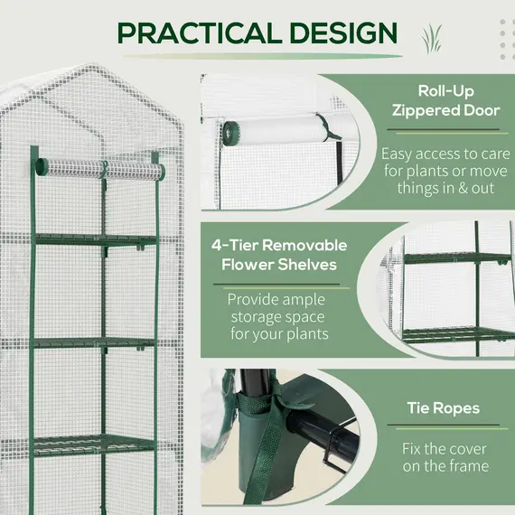 Buy 4 Tier Mini Greenhouse, Portable Compact Green House with Steel Frame, PE Cover, Roll-up Door, 70 x 50 x 160 cm, White, 6 image