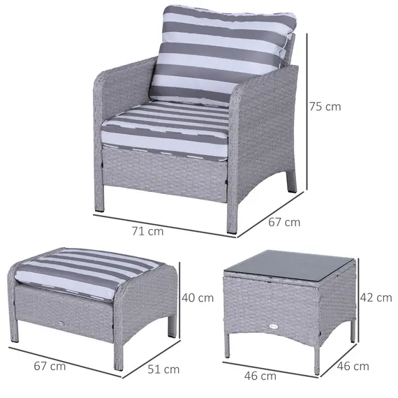 Buy 5 Pieces PE Rattan Garden Furniture Set with 10cm Thick Padded Cushions, Wicker Weave Outdoor Seating Chairs with 2 Armchairs, 2 Stools, Glass Top Table, Grey and White, 3 image
