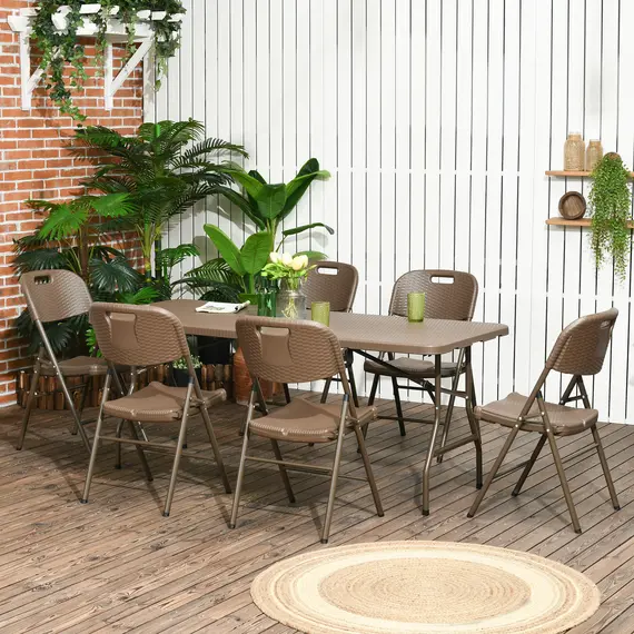 Buy 6 Seater Garden Dining Set, Rattan-Style HDPE Garden Furniture Set, Outdoor Dining Table and Chairs with 6 Armchairs and Rectangular Plastic Top Table for Patio, Balcony, Dark Brown, 2 image