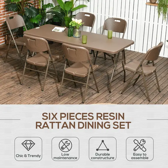 Buy 6 Seater Garden Dining Set, Rattan-Style HDPE Garden Furniture Set, Outdoor Dining Table and Chairs with 6 Armchairs and Rectangular Plastic Top Table for Patio, Balcony, Dark Brown, 4 image