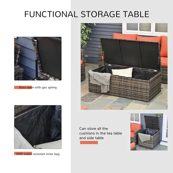 Buy 6 Pieces Rattan Garden Furniture Set, 7 Seater Wicker Outdoor Furniture Set with Storage Tea Table & Side Table, Sectional Garden Sofa Set with Cushions, Orange, 5 image