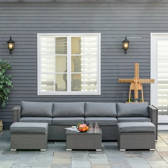 Buy 5 PCs PE Rattan Wicker Corner Sofa Set Bonzer Outdoor Conservatory Furniture Lawn Patio Tea Table Footstool w/ Cushion - Grey, 2 image