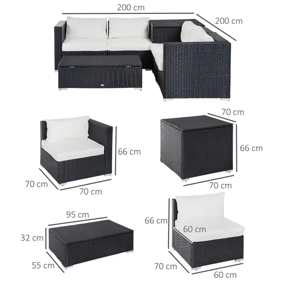Buy 6 Pieces Rattan Garden Furniture Set, 4 Seater Wicker Garden Corner Sofa Set with 2 Storage Tables and Loveseats, Outdoor Conversation Furniture with Cushions for Conservatory, Patio, Black, 3 image