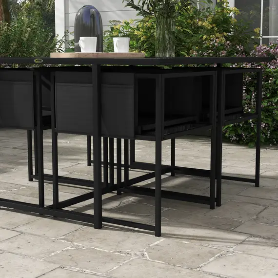 Buy 5 Piece Garden Dining Set with Breathable Mesh Seat, Adjustable Backrest, Tempered Glass Table Top for Patio, Black, 8 image
