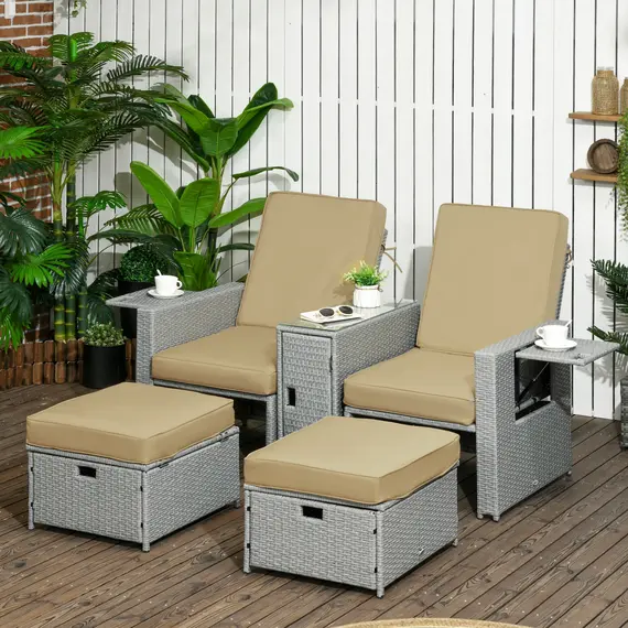Buy 5PC PE Rattan Sun Lounger, Outdoor Wicker 5-level Adjustable Recliner Sofa Bed with Storage Side Table and Footstools, for Patio, Garden, Poolside, Beige, 2 image