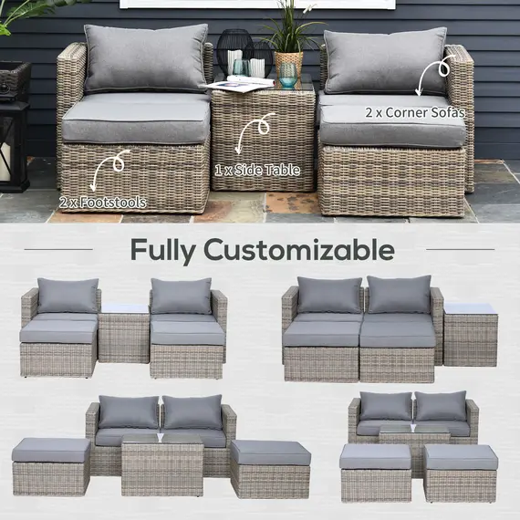 Buy 5 Piece Rattan Garden Furniture Set w/ 10cm Thick Cushions, Aluminium Frame Wicker Outdoor Balcony Sofa Set with Corner Armchairs, Ottomans, and Glass Top Table, Mixed Brown, 8 image