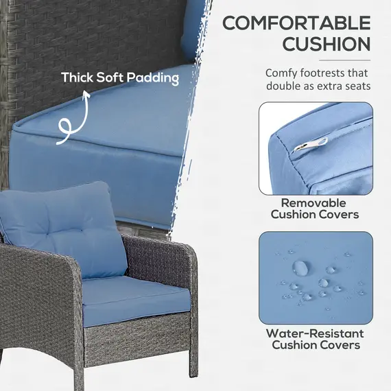 Buy 5 Pieces PE Rattan Garden Furniture Set, Wicker Outdoor Sofa Set w/ 2 Armchairs 2 Stools Glass Top Table Cushions, Blue, 5 image