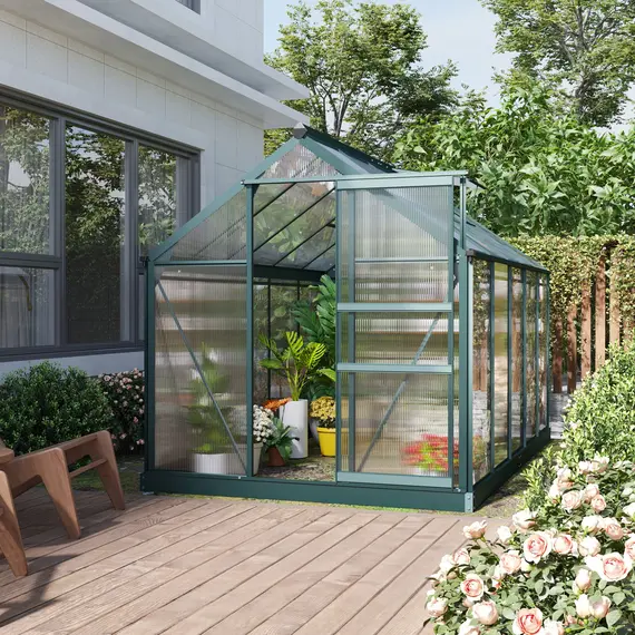 Buy 6 x 10ft Polycarbonate Greenhouse, Large Walk-In Green House with Slide Door and Window, Garden Plants Grow House with Aluminium Frame and Foundation, Dark Green, 2 image