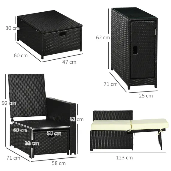 Buy 5PC PE Rattan Sun Lounger, Outdoor Wicker 5-level Adjustable Recliner Sofa Bed with Storage Side Table and Footstools, for Patio, Garden, Poolside, Black, 3 image