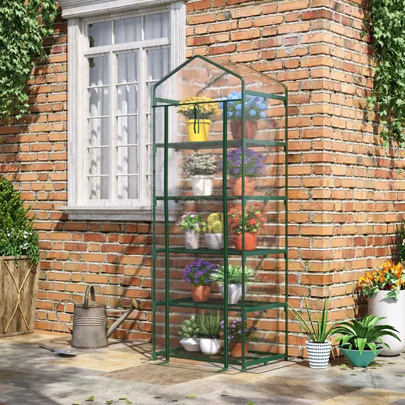 Buy 5 Tier Mini Greenhouse, Small Walk-in Greenhouse with Reinforced Plastic Cover, Garden Grow House with Roll Up Door and Shelves, 69 x 49 x 193cm, Green, 2 image