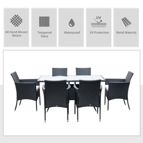 Buy 6 Seater Rattan Dining Set with Cushions, Rattan Garden Furniture Set with 6 Armchairs, Rectangular Glass Top Table, Outdoor Dining Table and Chairs, Black, 4 image