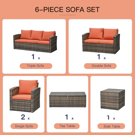 Buy 6 Pieces Rattan Garden Furniture Set, 7 Seater Wicker Outdoor Furniture Set with Storage Tea Table & Side Table, Sectional Garden Sofa Set with Cushions, Orange, 7 image