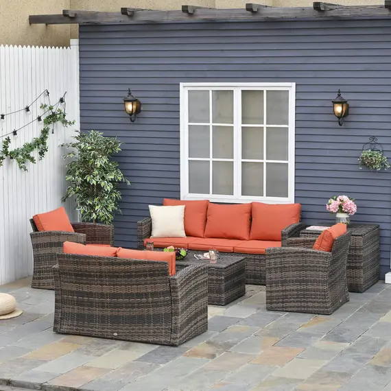 Buy 6 Pieces Rattan Garden Furniture Set, 7 Seater Wicker Outdoor Furniture Set with Storage Tea Table & Side Table, Sectional Garden Sofa Set with Cushions, Orange, 2 image