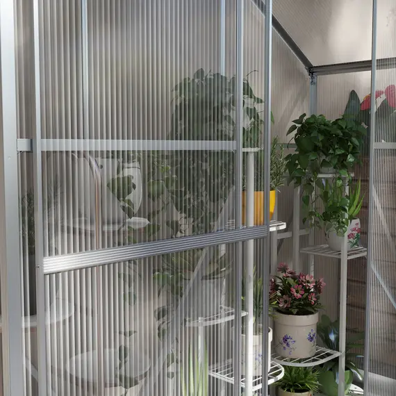 Buy 6 x 2.5ft Polycarbonate Greenhouse Walk-In Green House with Rain Gutter, Sliding Door, Window, Foundation, Silver, 9 image