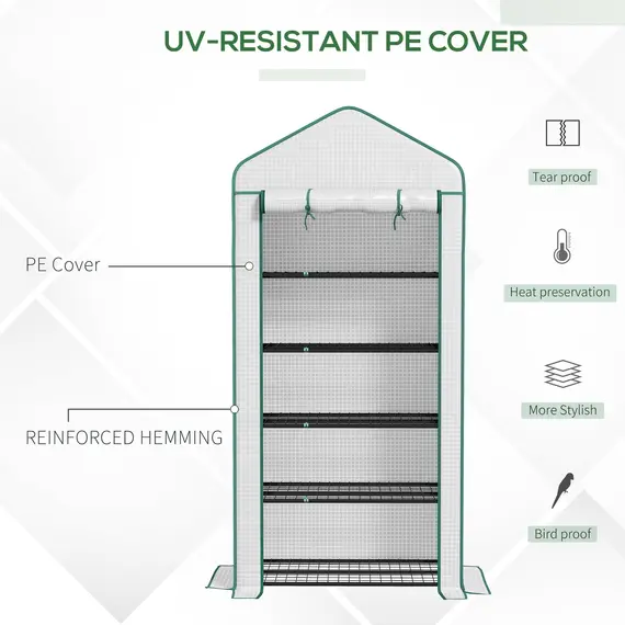 Buy 5 Tier Widened Mini Greenhouse with Reinforced PE Cover, Portable Indoor Outdoor Green House with Roll-up Door and Wire Shelves, 193H x 90W x 49Dcm, White, 6 image