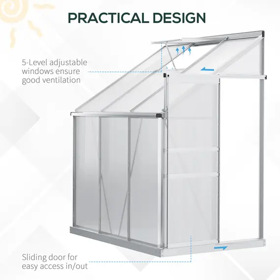 Buy 6 x 4ft Lean to Wall Polycarbonate Greenhouse Aluminium Walk-in Garden Greenhouse with Adjustable Roof Vent, Rain Gutter and Sliding Door, Clear, 5 image