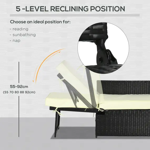 Buy 5PC PE Rattan Sun Lounger, Outdoor Wicker 5-level Adjustable Recliner Sofa Bed with Storage Side Table and Footstools, for Patio, Garden, Poolside, Black, 6 image