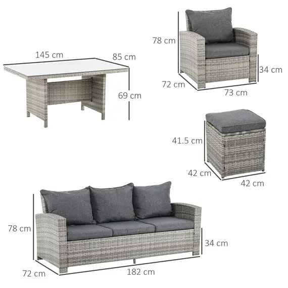 Buy 6 Pieces PE Rattan Garden Furniture Set with Three-seat, Armchairs and Footstools, Aluminium Patio Wicker Dining Sets w/ Glass Top Dining Table, Soft Cushion, Light Grey, 3 image