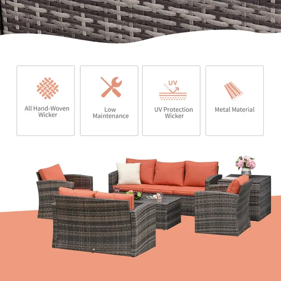 Buy 6 Pieces Rattan Garden Furniture Set, 7 Seater Wicker Outdoor Furniture Set with Storage Tea Table & Side Table, Sectional Garden Sofa Set with Cushions, Orange, 4 image
