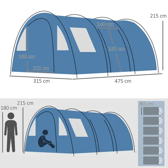 Buy 5-6 Man Camping Tent with 2 Room, Floor and Carry Bag - Blue, 3 image