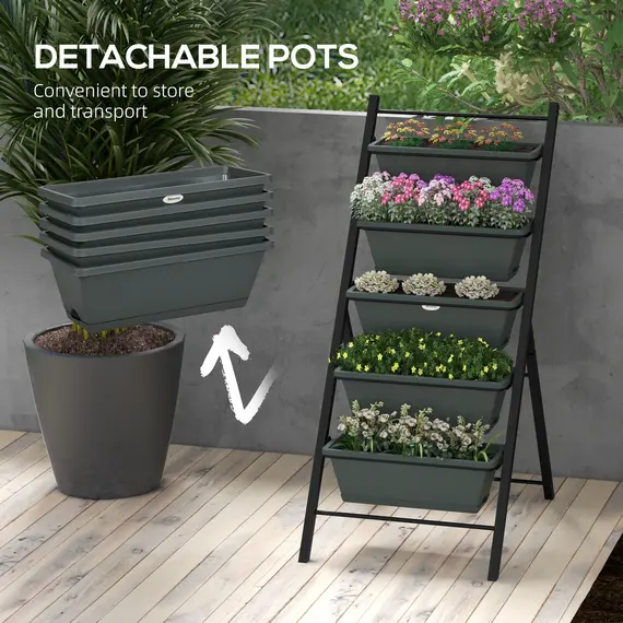 Buy 5-Tier Vertical Raised Garden Planter with 5 Container Boxes, Outdoor Plant Stand for Vegetable Flowers, Grey, 6 image