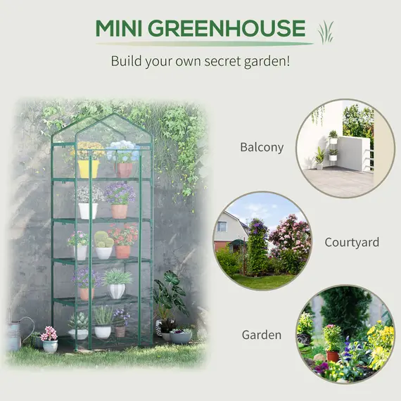 Buy 5 Tier Mini Greenhouse, Small Walk-in Greenhouse with Reinforced Plastic Cover, Garden Grow House with Roll Up Door and Shelves, 69 x 49 x 193cm, Green, 6 image