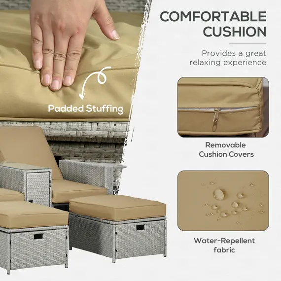 Buy 5PC PE Rattan Sun Lounger, Outdoor Wicker 5-level Adjustable Recliner Sofa Bed with Storage Side Table and Footstools, for Patio, Garden, Poolside, Beige, 5 image