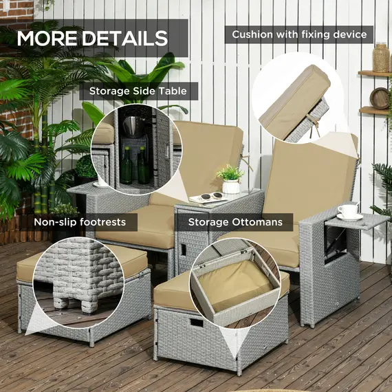Buy 5PC PE Rattan Sun Lounger, Outdoor Wicker 5-level Adjustable Recliner Sofa Bed with Storage Side Table and Footstools, for Patio, Garden, Poolside, Beige, 7 image