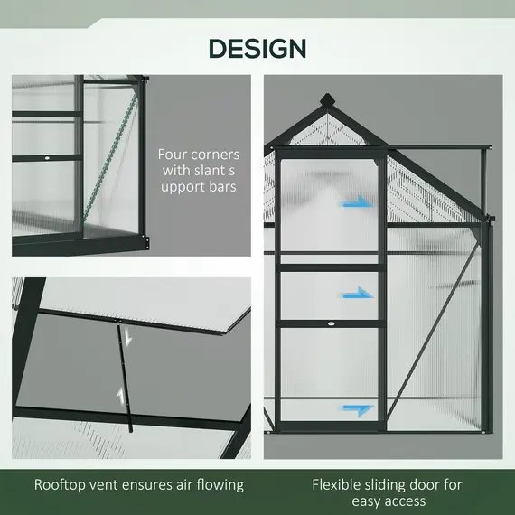 Buy 6 x 10ft Polycarbonate Greenhouse, Large Walk-In Green House with Slide Door and Window, Garden Plants Grow House with Aluminium Frame and Foundation, Grey, 4 image