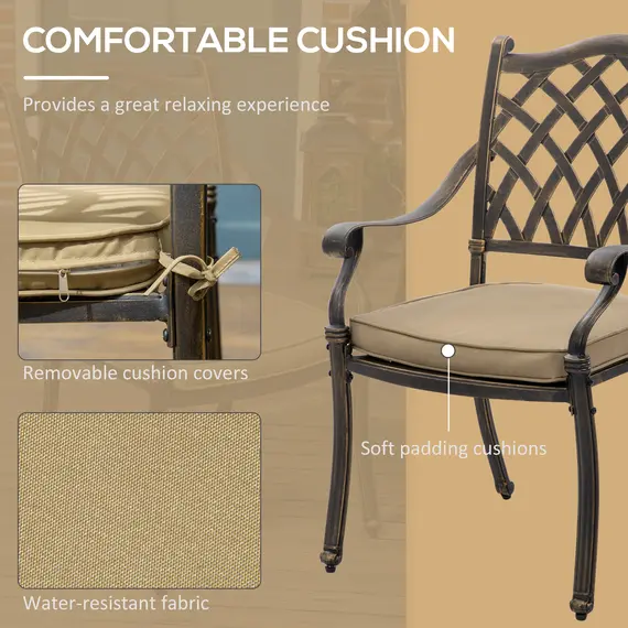 Buy 7 PCs Garden Patio Dining Set with Parasol Hole, Cast Aluminium Outdoor Furniture Set with Six Cushioned Chairs and Rectangle Dining Table, for Garden, Lawn, Deck, Bronze Tone, 7 image