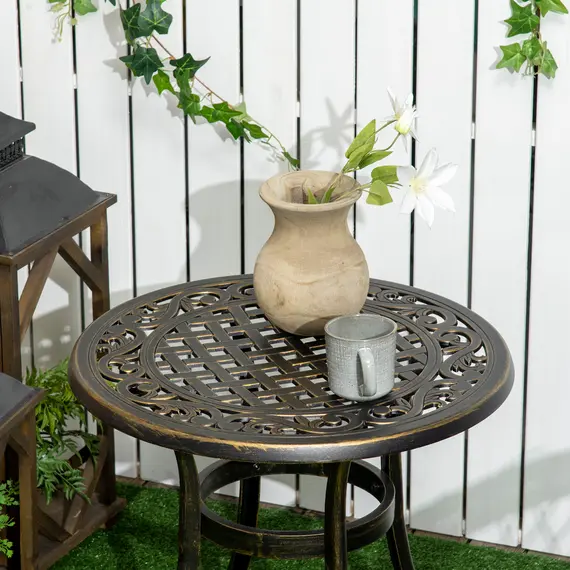 Buy 60cm Round Garden Table, Outdoor Hollow Top Design Side Table with Cast Aluminium Frame for Patio, Garden, Balcony, Bronze, 7 image
