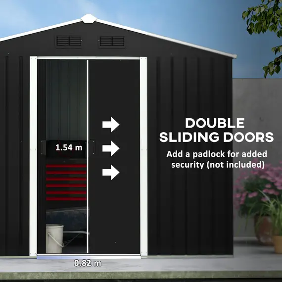 Buy 7.7 x 5.7ft Metal Garden Shed, Galvanised Outdoor Tool Storage House with Ventilation Slots and Sliding Doors, Grey, 5 image