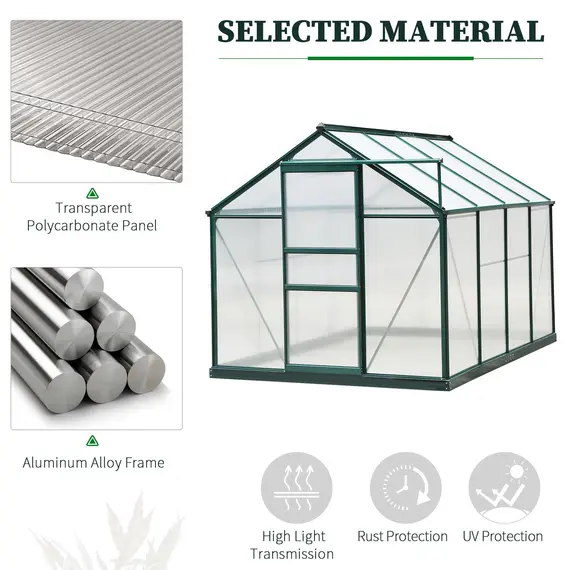 Buy 6 x 8ft Polycarbonate Greenhouse, Large Walk-In Green House with Slide Door and Window, Garden Plants Grow House with Aluminium Frame and Foundation, Dark Green, 4 image