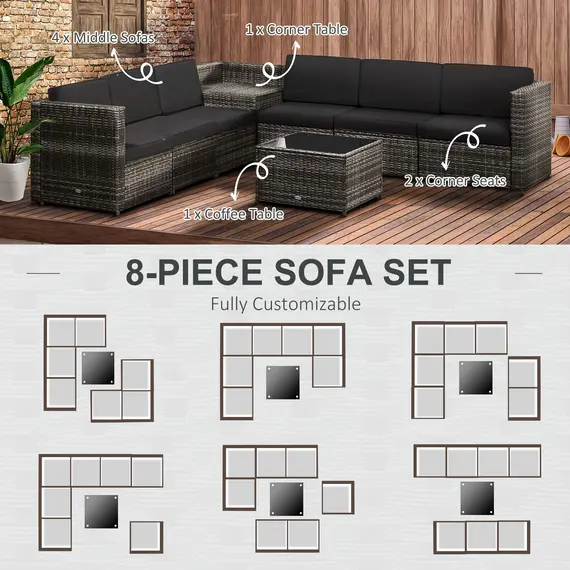 Buy 6-Seater Rattan Sofa Furniture Set W/ Cushions, Steel Frame-Grey, 6 image